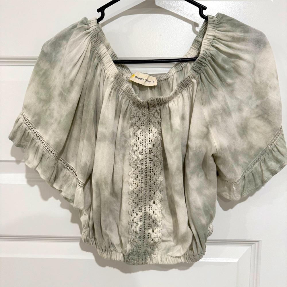 Green Tie Dyed Boho Off shoulder Crop Top